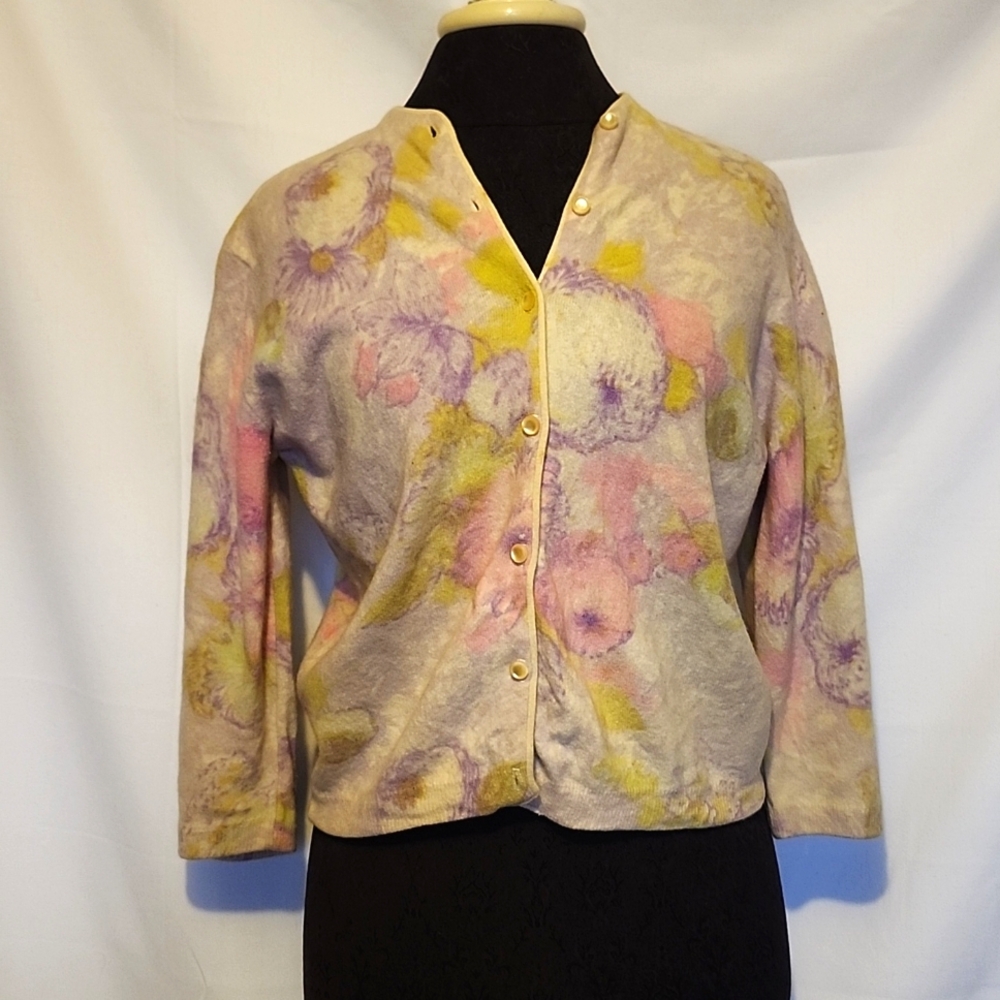 Vintage 50s/60s Angelon by Darlene Printed Angora Blend Cardigan
